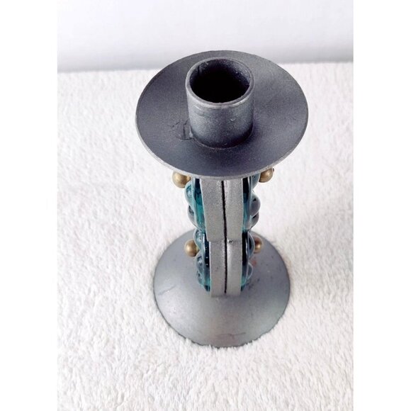 Candle Holder Stick Hand Blown Glass Forest Green Metal Gray India Boho Decor 7" - Picture 7 of 11